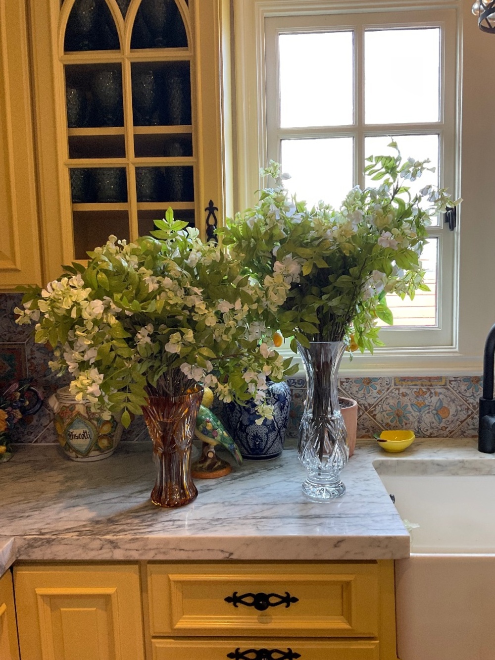 Pair of faux white large scale floral bouquets, flowers only